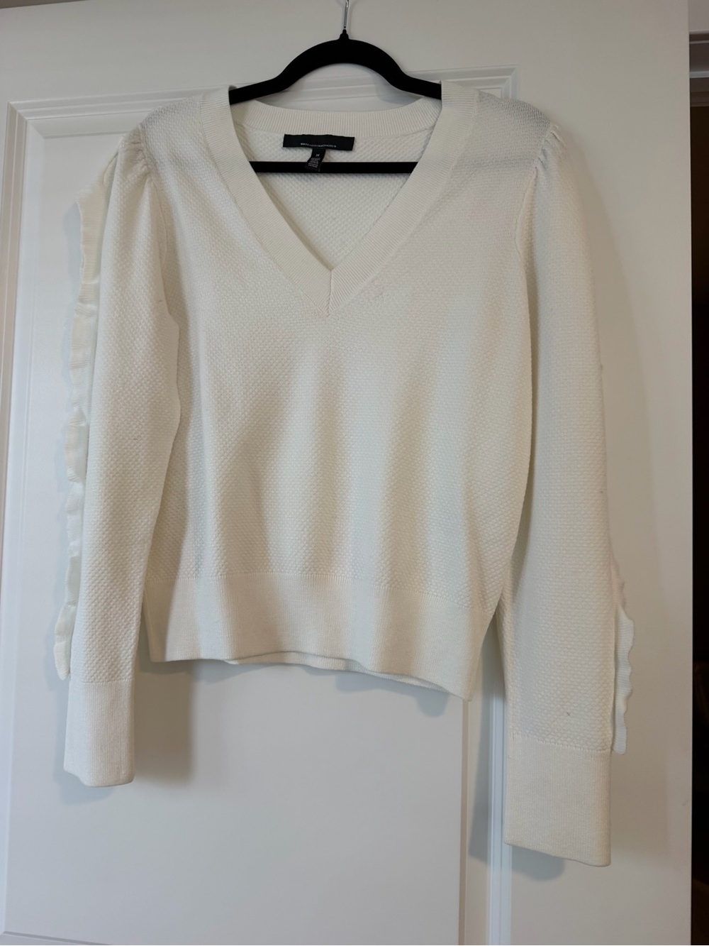 White House Black Market Cream V-Neck Sweater with Ruffle Sleeve Detail